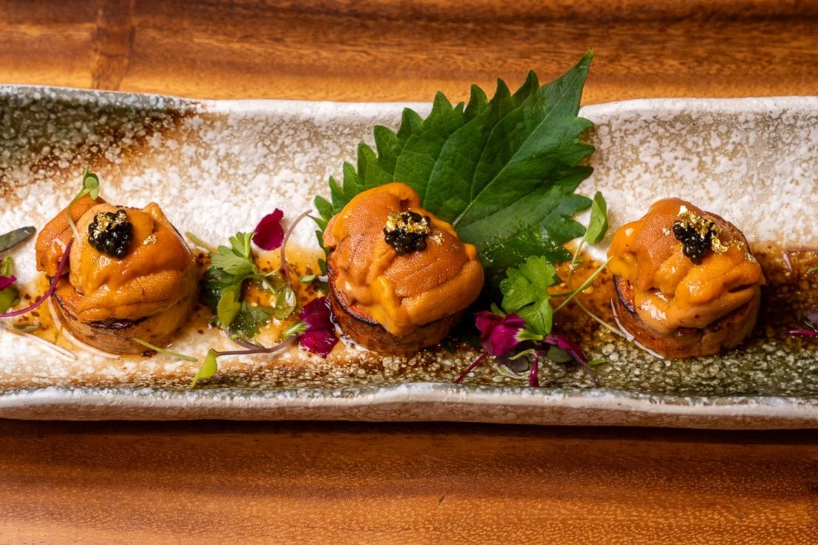 Ankimo Uni Caviar ✨
Silky monkfish liver topped with fresh sea urchin and premium caviar, finished with our signature Japanese soy mustard dressing.
