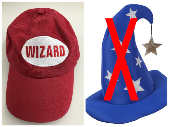 When we say "wizard hat", we mean the super sexy red hat shown on the left, not the ridiculous one on the right. Do you know how silly we'd look running around in the desert wearing pointy hats?