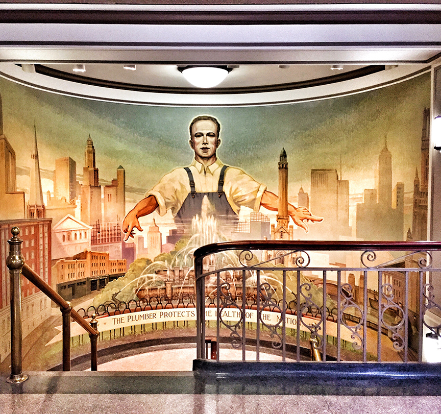 Beautiful Plumber's Hall on the West Side of Chicago; here is a cool mural from the 1920's.