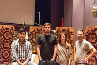 The recording session - Jonah Kim (cello), Erik Arvinder (violin), Alice K. Dade (flute), Maurycy Banaszek (viola) after recording the Aaron Jay Kernis Air arranged for flute and string quartet