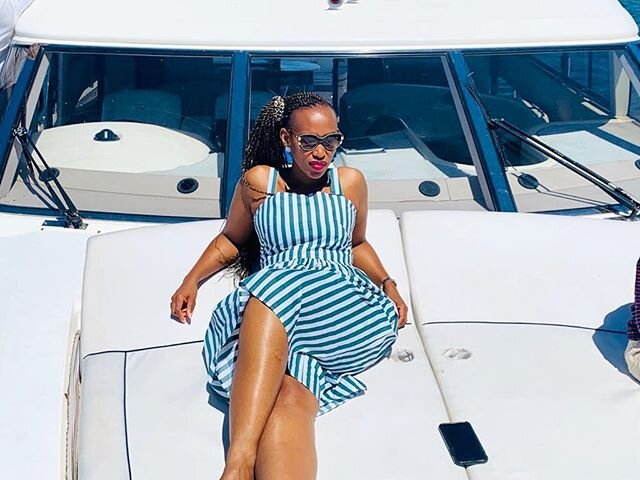 The ever so chic and beautiful @mrs_nyathi_ on board yesterday #onlyoneyacht#luxury#stylish#holidaymode#traveldiaries#yacht-chic#luxury-lifestyle 🥂🛥
