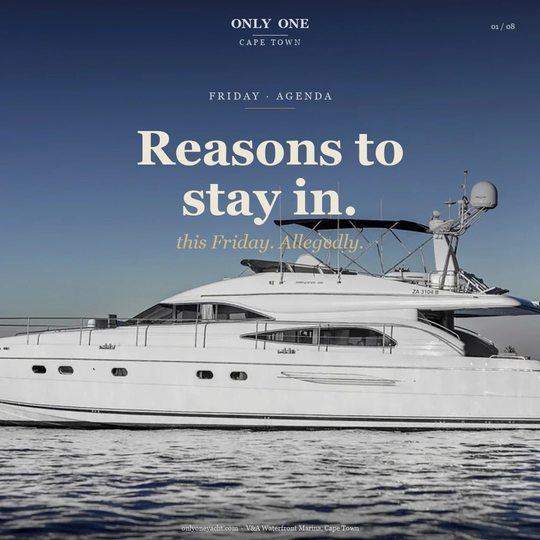 10% off every Day Cruise aboard The Only One throughout June. Cape Town&rsquo;s premier 65ft Princess yacht 🛥️ 

3, 5 and 8-hour private charters. Up to 12 guests. Captain, stewardess, drinks and canap&eacute;s included.

Skip the carpet. Set sail i