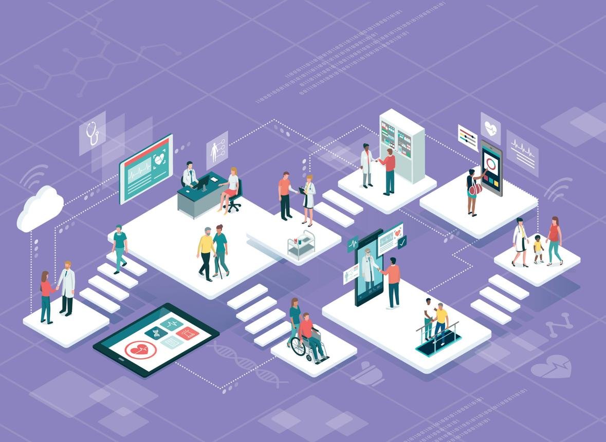 Illustration of a healthcare network with connected medical facilities, doctors, patients, and digital health devices on a purple background.