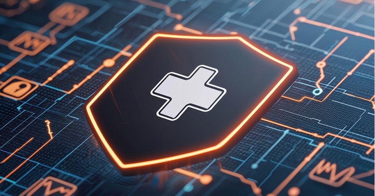 Digital illustration of a holographic shield with a medical cross symbol, surrounded by circuit lines and icons representing healthcare technology.