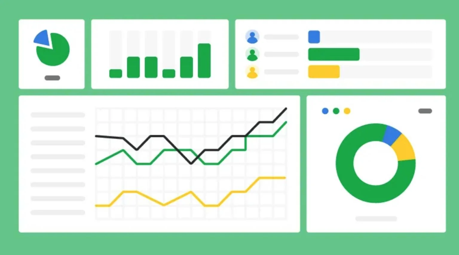 A collection of various data charts and graphs, including pie charts, bar graphs, line graphs, and a bar chart with different colors, on a light green background.