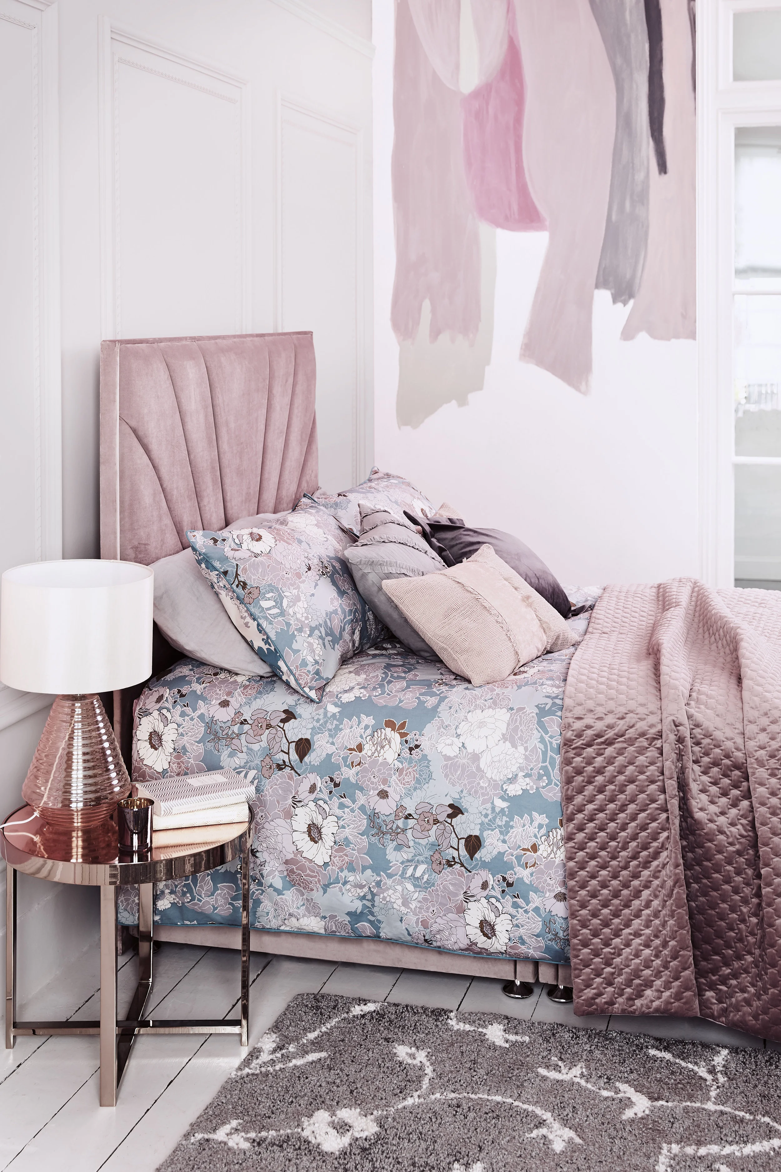 JD Williams Venetia Divan Base £299.00; JD Williams Violetta Velvet Headboard £199.00