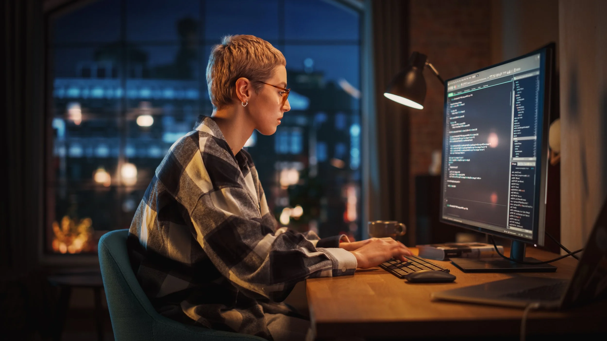 Young-Woman-Writing-Code-on-Desktop-Computer-in-Stylish-Loft-Apartment-in-the-Evening.-Creative-Female-Wearing-Cozy-Clothes,-Working-from-Home-on-Software-Development.-Urban-City-View-from-Big-Window.-1395344871_5120x2880.jpeg