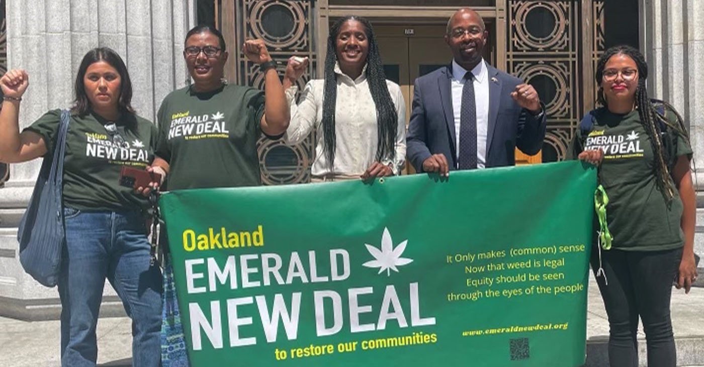  Some participants in the Emerald New Deal "END HARM" press conference at the Oakland City Hall&nbsp;(Left to Right)&nbsp;Ale Esparza, Gamila Abdelhalim, Councilmember Reid, Councilmember Taylor, Sara Chakri&nbsp;photo courtesy of Kiana Gums. 