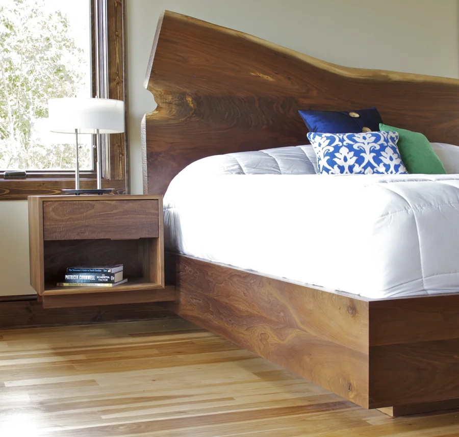 Rustic Modern Bed with Live-edge Walnut Headboard