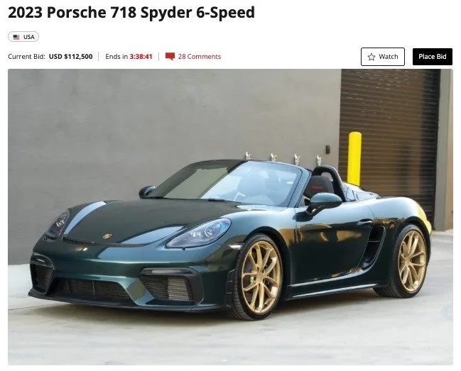 Ending today over at @bringatrailer this phenomenally specificed 718 Spyder! @westsidecollectorcarstorage is proud to represent the seller with this stunner of a Spyder in PTS Jet Green over Aurum Gold Wheels, Buckets, and all the good options you co