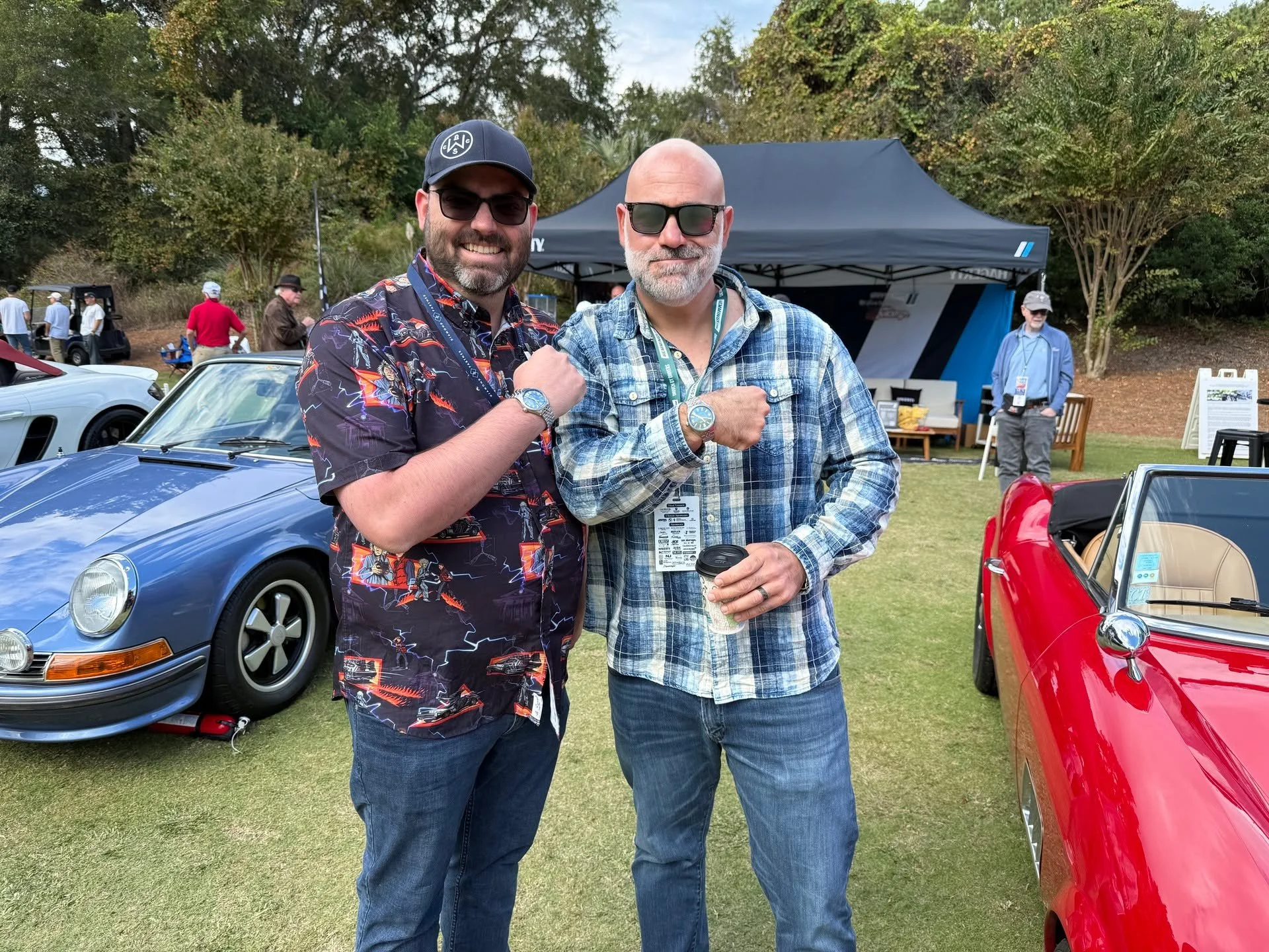 Really fun day at the @hhiconcours today! Title photo shoutout to TST fan @xanderdavis15 in a @westsidecollectorcarstorage hat AND a @noduswatches Black Pearl Canyon! Also, FINA McLaren F1, some very special sports racers, a vintage lake boat class, 