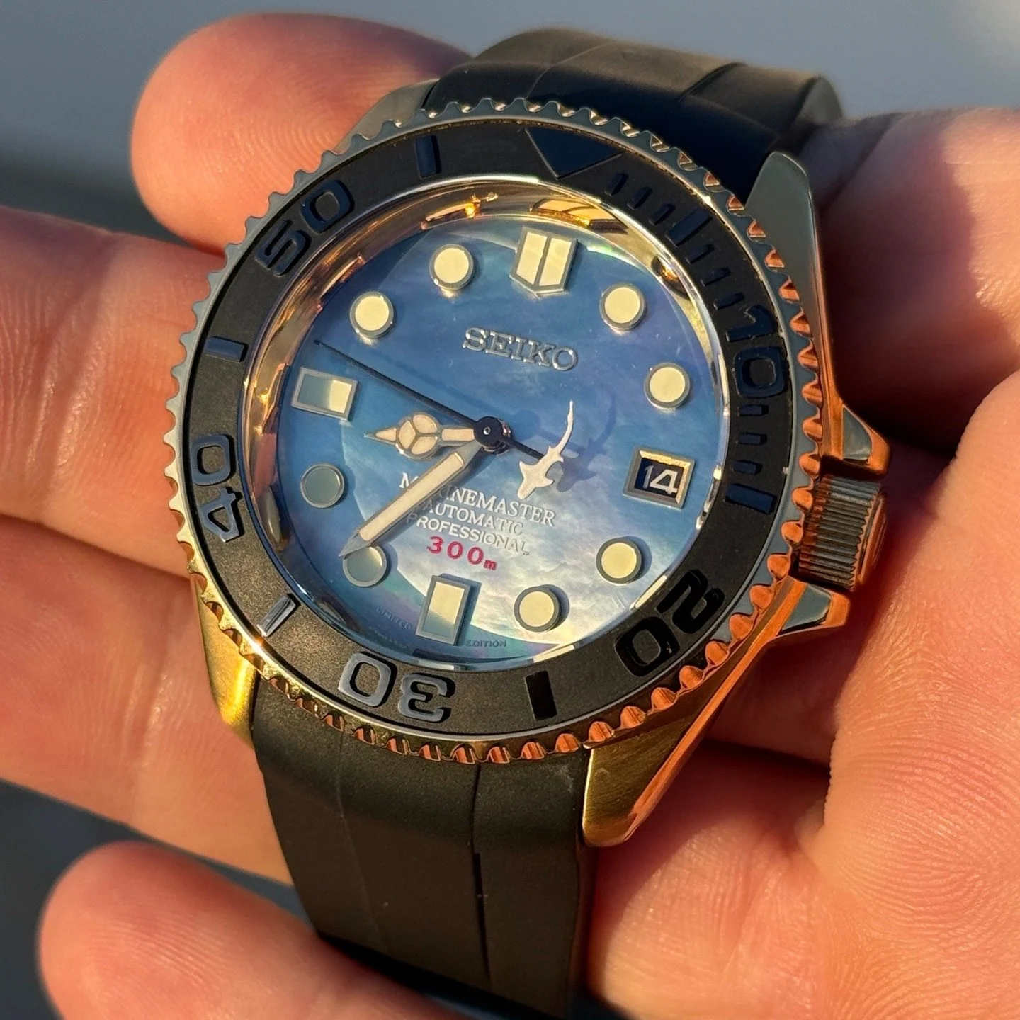 Just two pieces left from my fall watch cleanout sale! The original offers fell through so I'll make it even better! LOT 1: Seiko Marinemaster Full Custom by @nhorologylab with gold case and deployant, FKM &quot;oyster flex&quot; strap, ceramic bezel