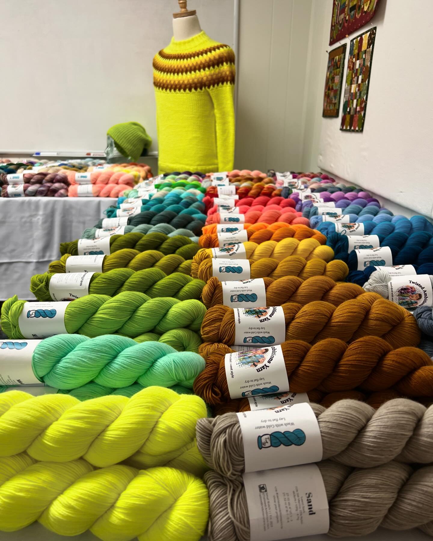 Ross from @twisted.ambitions.yarn brought a LOT of yarn! It&rsquo;s just what you hope to see in a trunk show. He will be leaving a little early today but will be here Saturday 9:30-5 and Sunday 12-5 🧶😊