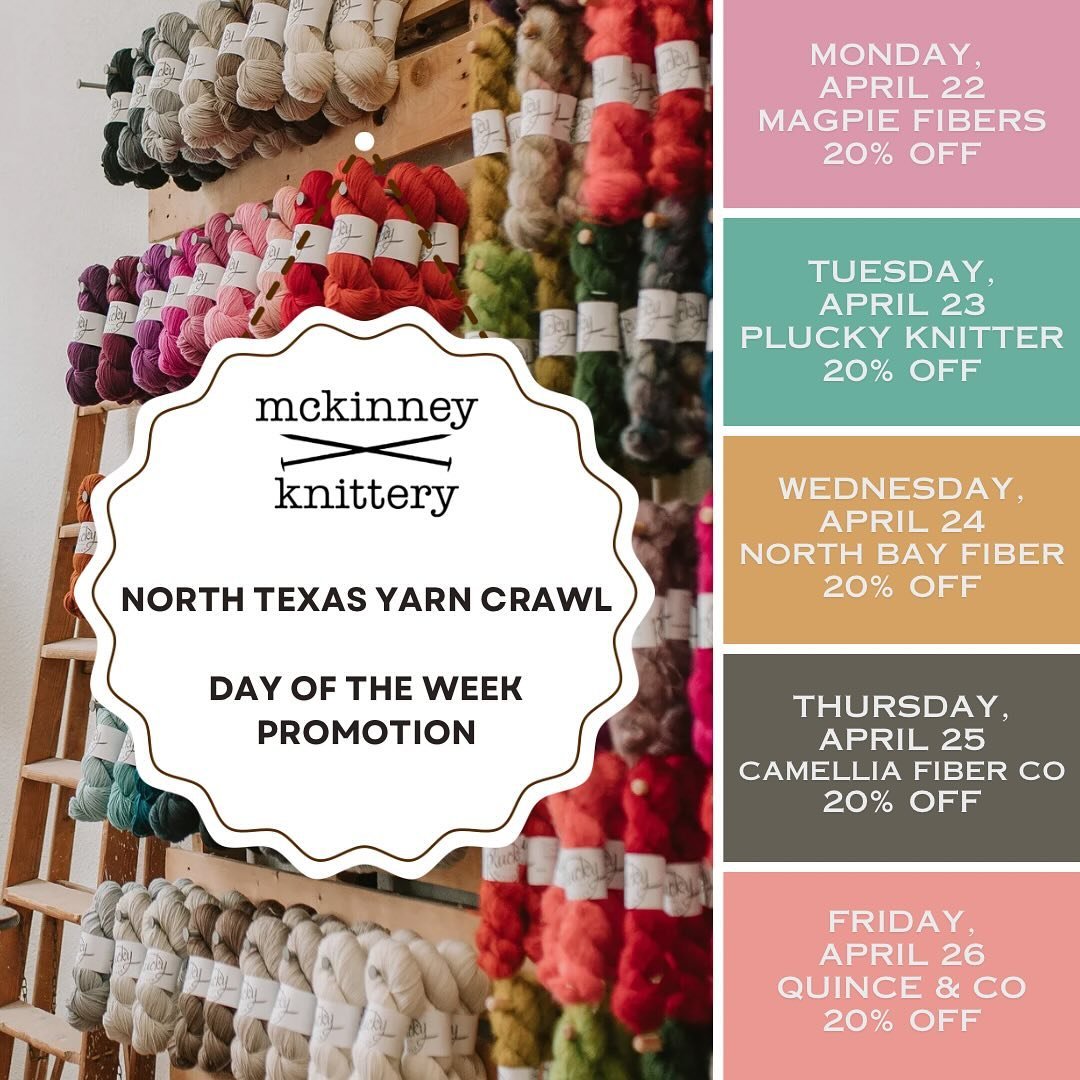 A quick reminder that today is 20% off all in stock North Bay Fiber yarn (in store purchase only). Our Days of the Week promotion runs through Friday! Thursday is Camellia Fiber and Friday is Quince &amp; Co!

Second image: an eye-catching color pale