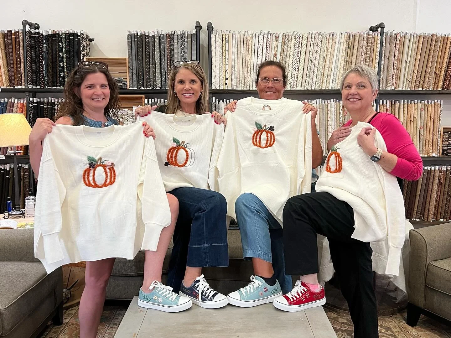Time always flies when you're having fun...and we had so much fun with Jane, Nyra, Teresa and Laverne visiting the shop!! Thanks for coming, y'all! 😘

Sharing the embellished sweaters and sneakers they made with Kendra (@littlejoy_diyembroidery and 