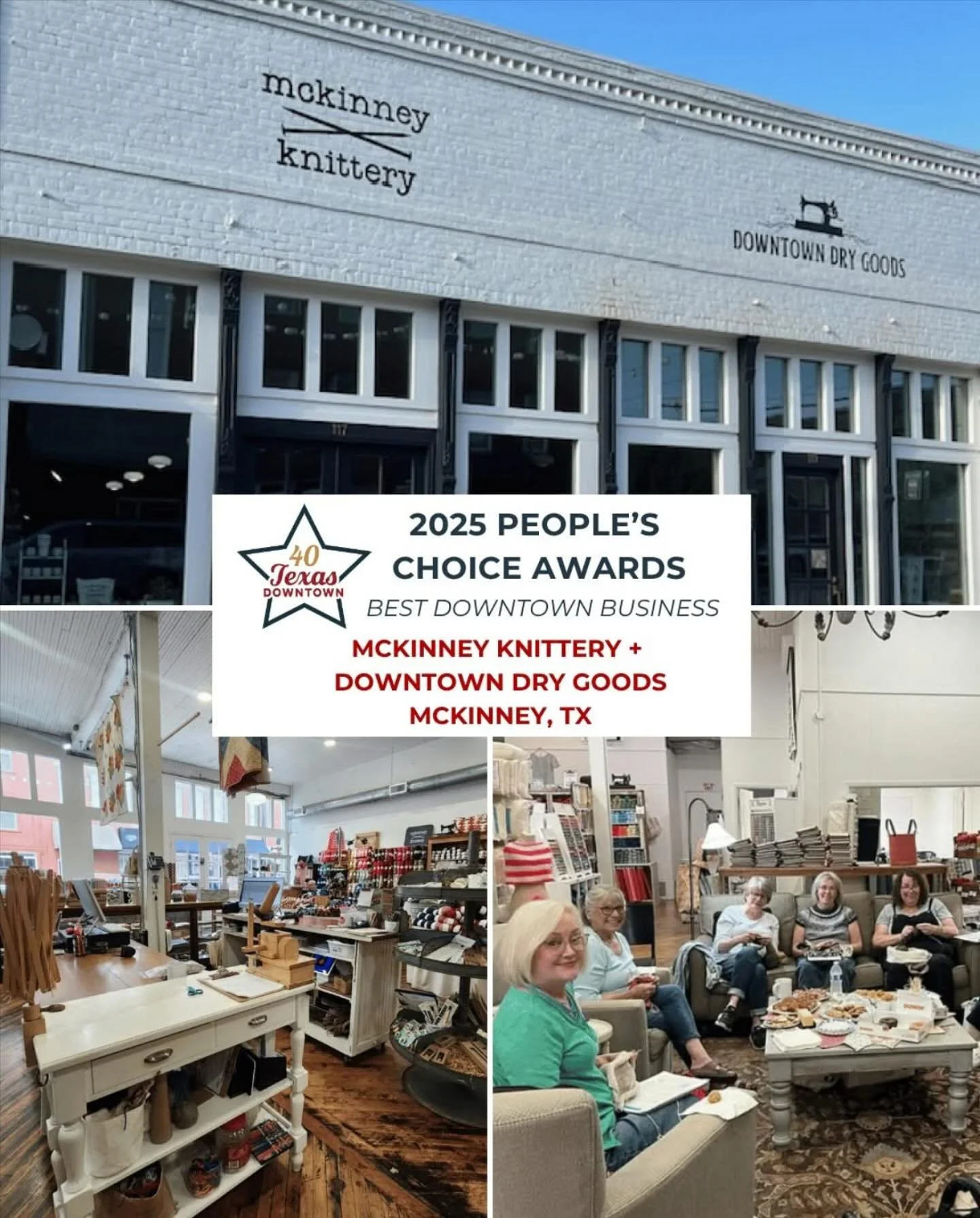 The City of McKinney nominated McKinney Knittery for Best Downtown Business in the Texas Downtown People's Choice Awards! How cool is that?!?! What an honor! 

Here's our request... because the People's Choice Awards are decided by a vote of the peop