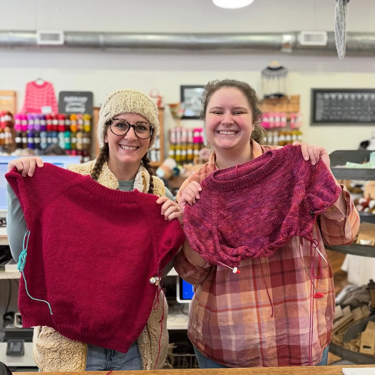 Allison and Alyssa have been working on their #mckinneyraglan sweaters, and they are lookin' so good!!

If you've been thinking about knitting one... join our upcoming KAL! The kickoff is Feb 6 - so let us know if you need help with picking yarn or w