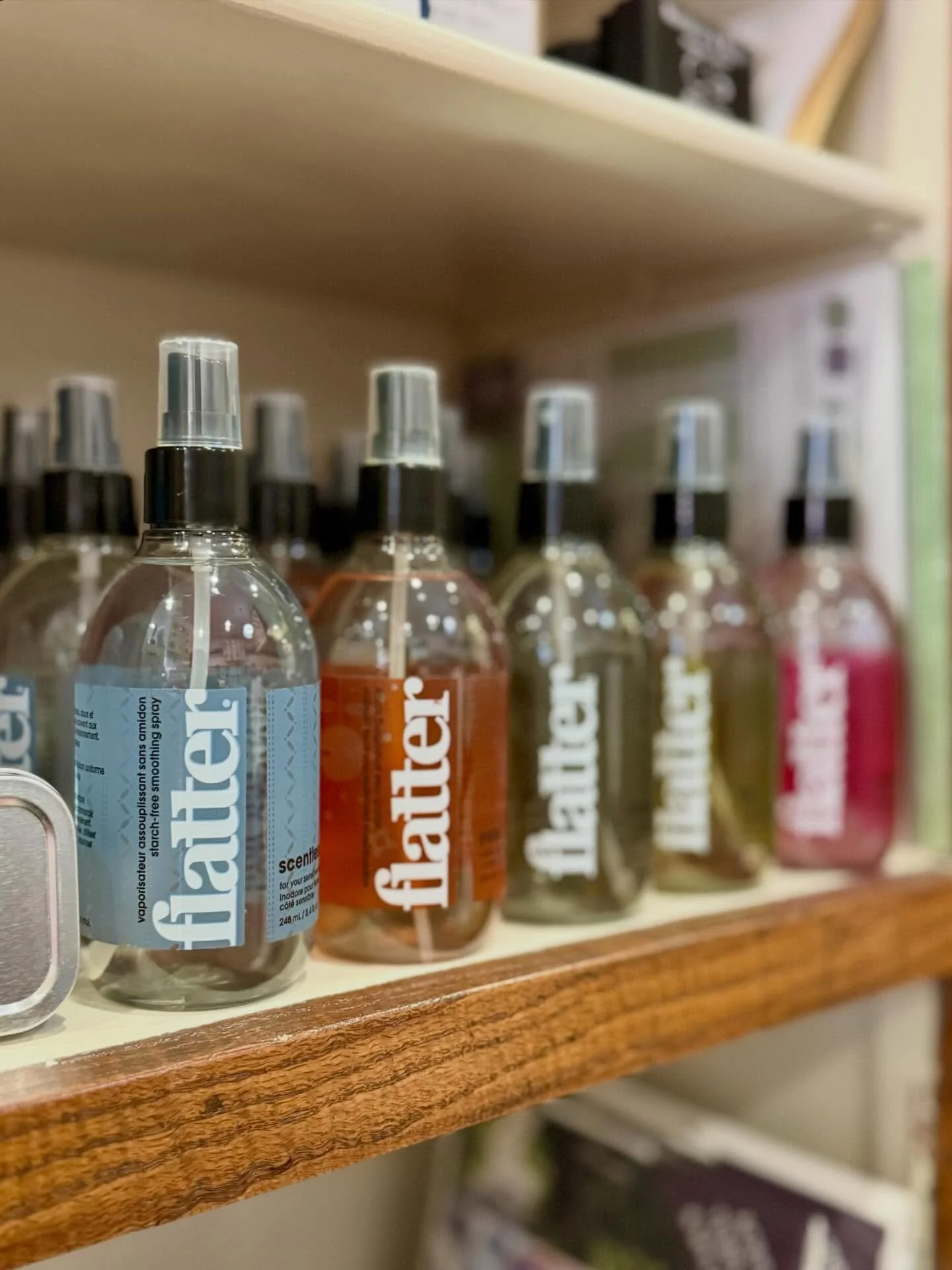 For both our fiber AND fabric lovers...Flatter spray is excellent for use on knit fabrics and garments (and is gaining popularity with quilters). It is a starch-free, plant-derived smoothing spray designed to relax wrinkles, freshen fabrics, and spec