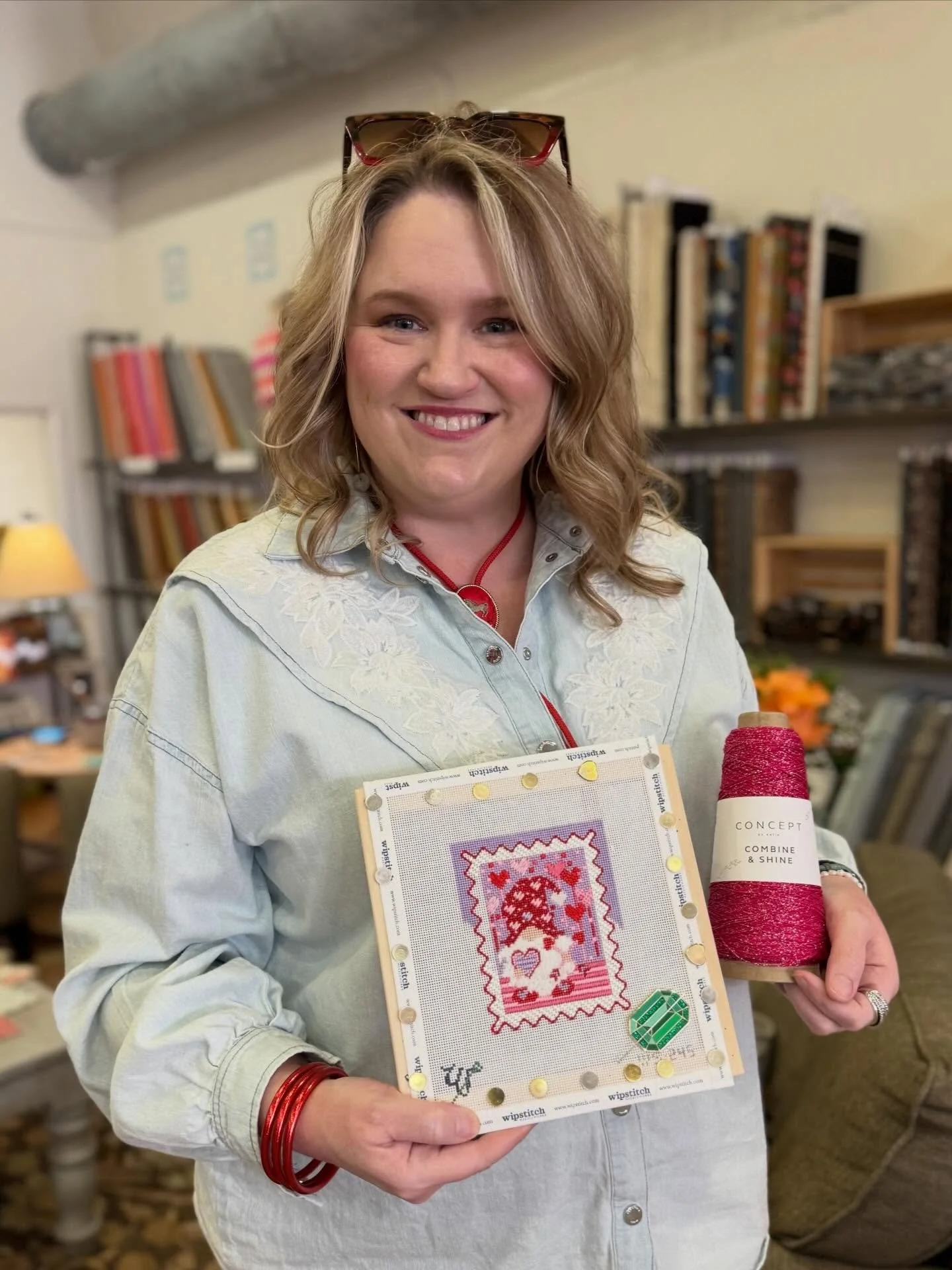 Haley (@fancyinfrisco) stopped by with CUTEST gnome needlepoint and we're officially obsessed! ✨ She's adding that extra pop of colorful sparkle with Combine and Sgine from Rico Design -- and it's giving this little gnome so much sparkly personality!