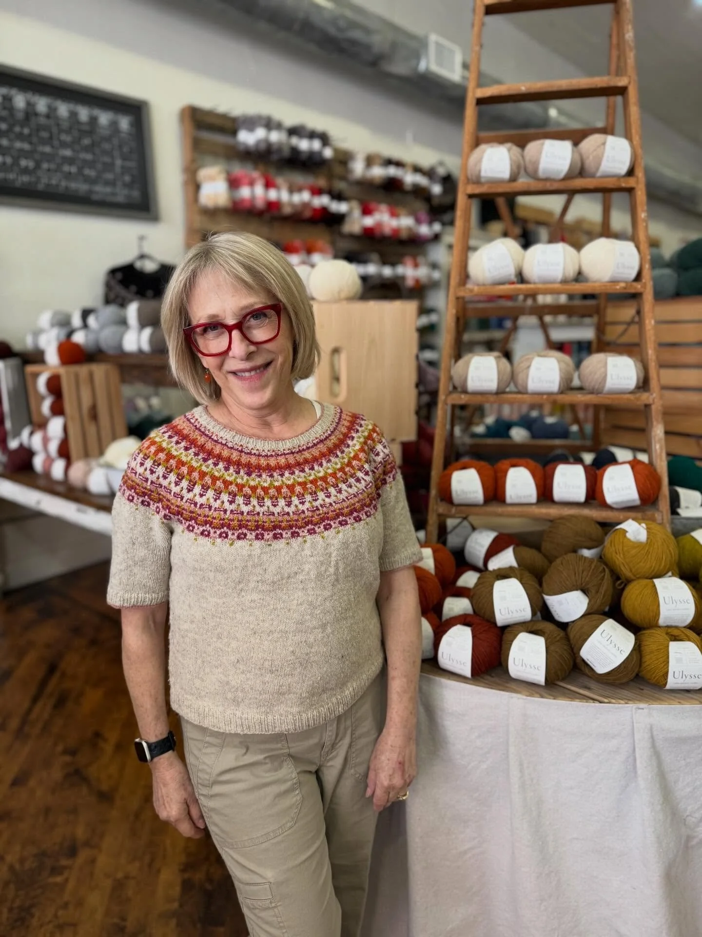 Remember Julie's Lunenburg Pullover (by Amy Christoffers, a.k.a. Savory Knitting)? It is now an official finished object!  This yoke uses some purling to give the colorwork a little textural element...and we think it's perfection! This pattern really