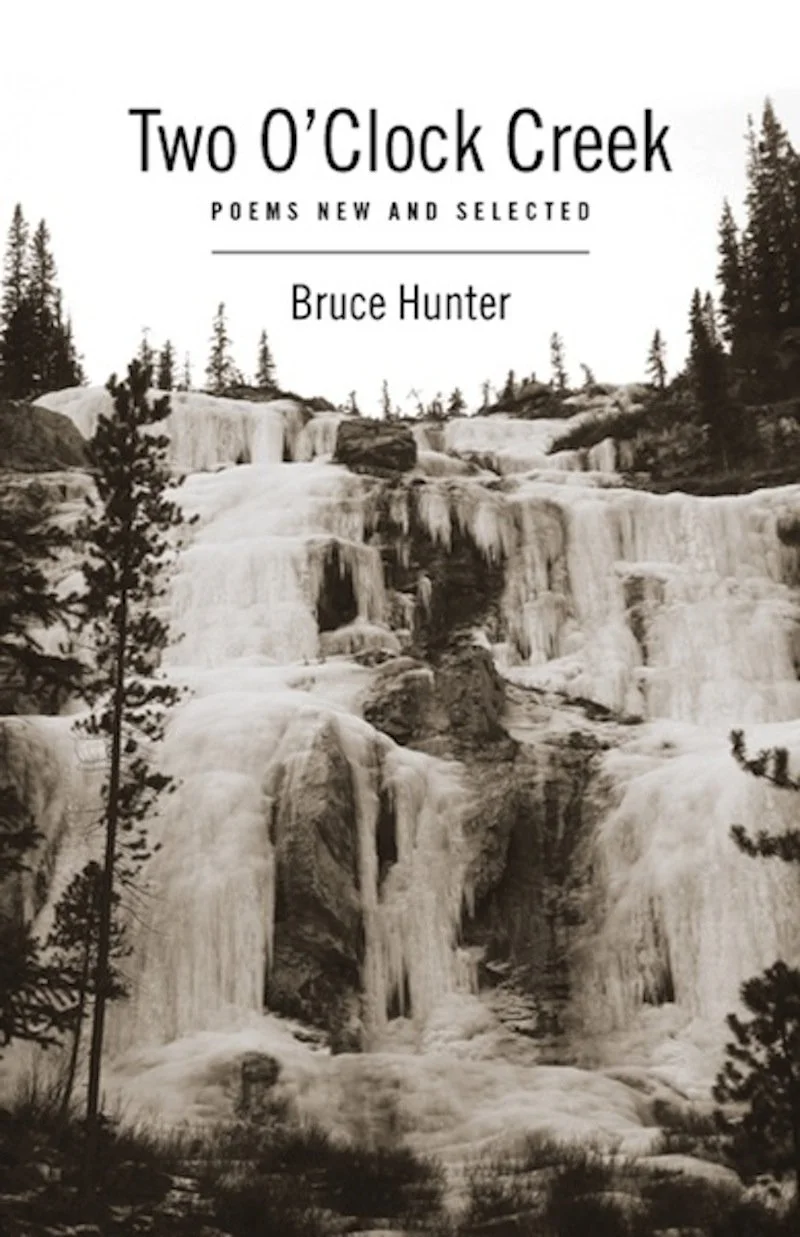 (Image: Black and white cover of Two O'clock Creek . A frozen mountain waterfall with evergreen trees in the fore and background with the book title across the top.)