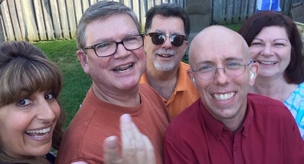 CHHA York Region Board BBQ. 2014. Right to left: Patrizia Stulov, Dan McDonnell, Bruce Hunter, Toby Laws and Lauren. (Three men and two women in summer garb all smiling for a selfie.)