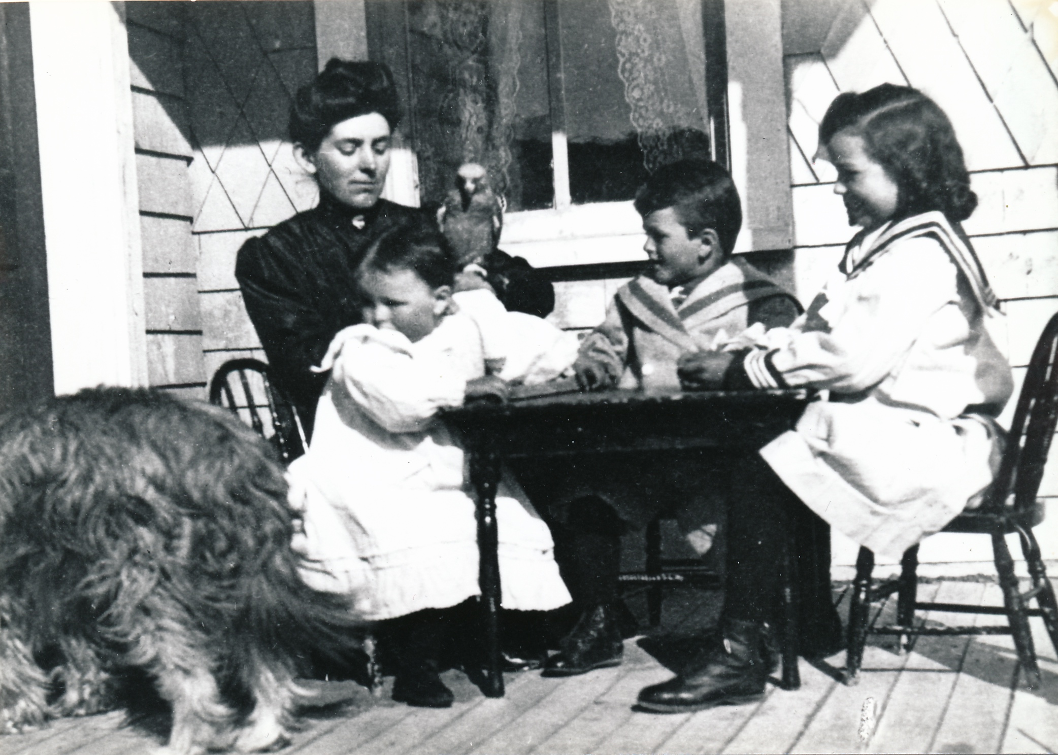 From the Glenbow Archives (Image: Lavinia Begg with her three children on the back porch of the ranch house at Dunbow, left to right, Lavinia Jr., Sandy and Norah. On Lavinia Sr.'s arm is Joe, her African grey parrot. She's wearing a high-necked blouse, the children all wear the same outfit: long sailor-type blouses with button-up boots. The children and the parrot seem fascinated by Mike a curly-haired dog with his hindquarters to the camera who seems to be eating,)