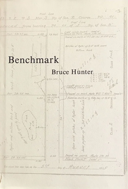 (Image: Book cover of Benchmark on a ivory/white background of a surveryor's journal with map grids and handwriting.)
