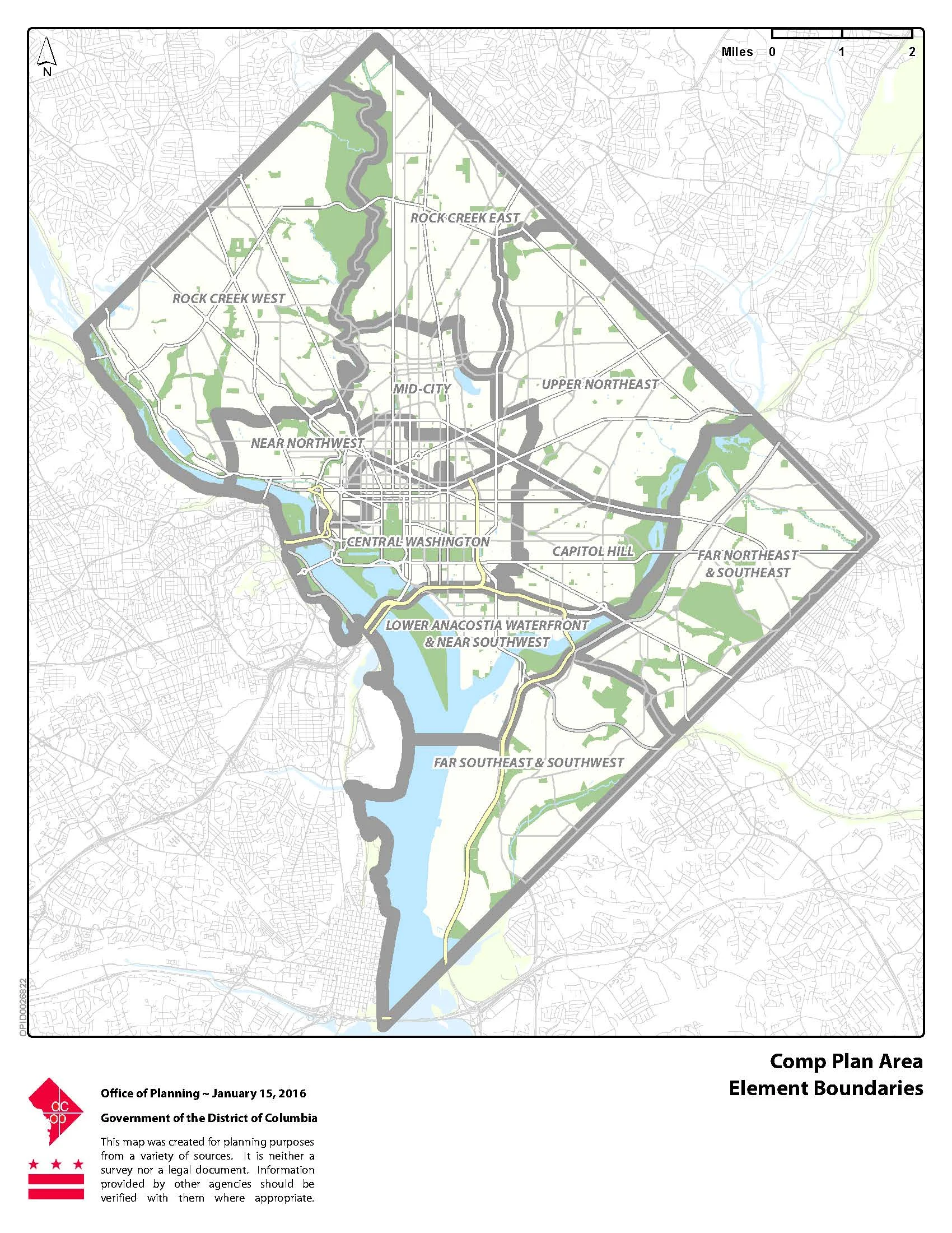 The Comprehensive Plan has chapters based on each of the geographic areas identified in this image. The geography of the Anacostia River is split between five different chapters.