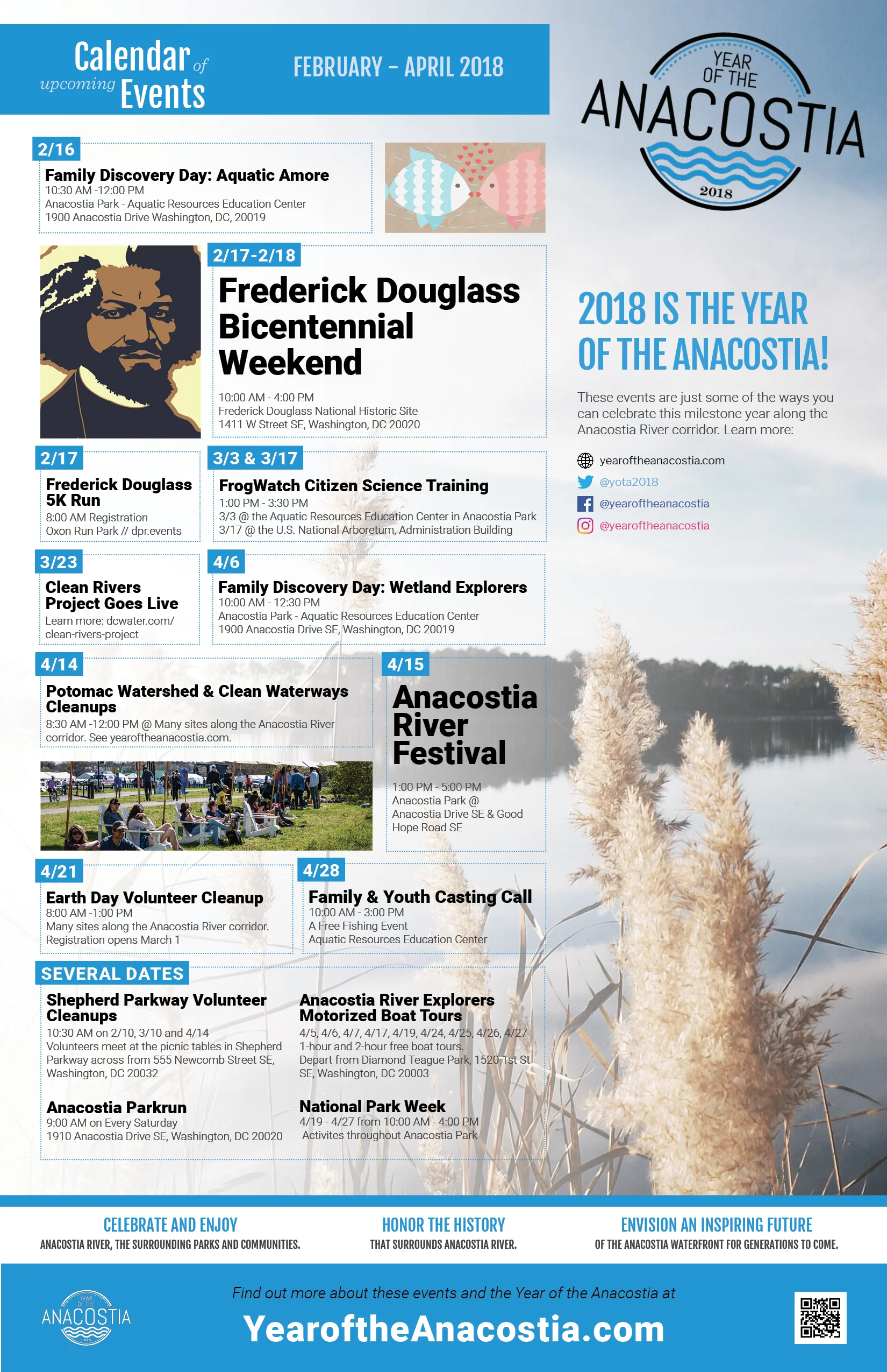 A calendar of events from February to April of 2018, the Year of the Anacostia