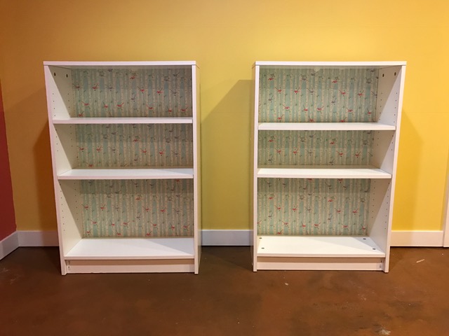 Another fun project was adding fabric to the back of the cute little bookcases I got!
