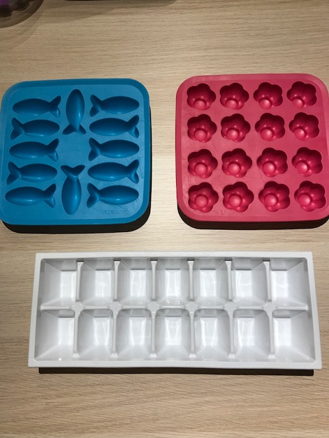 Just about any ice cube tray works. The fish and the flower ones are from Ikea if you want to spice things up!