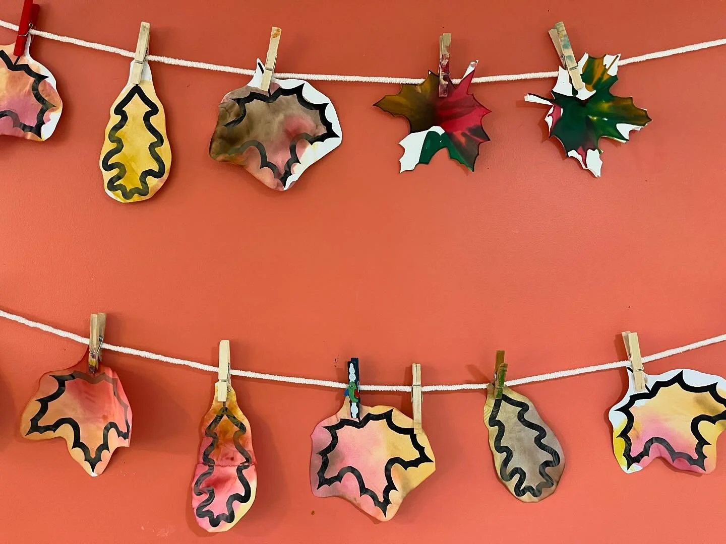 Leaf painting two ways: the first was leaf bag painting where the kids squeezed painting into ziplock bags with paper leaves in them and then got to squish the paint around before we took them out. 

The second (upper right in the pic) was leaf salad