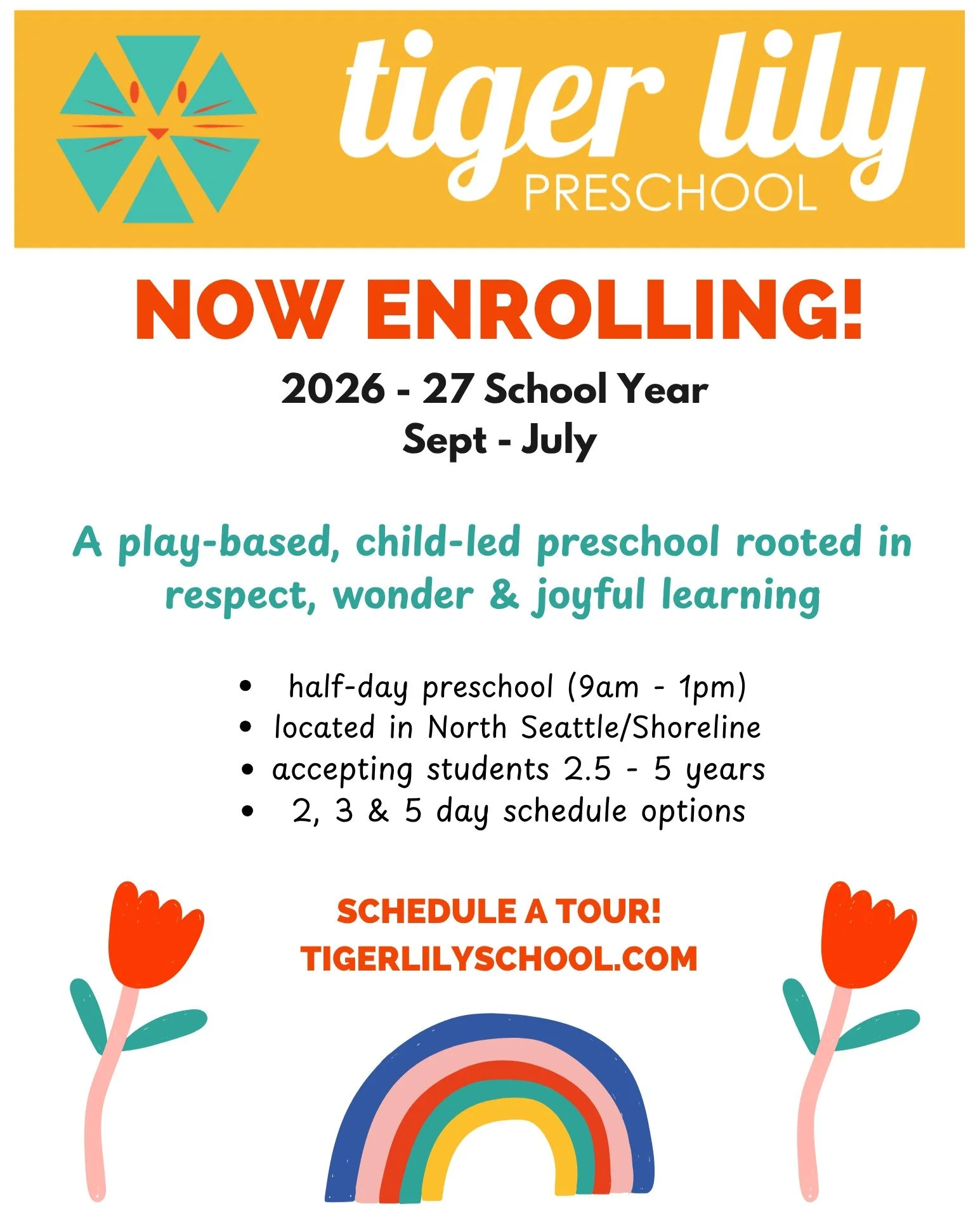 NOW ENROLLING! 

Tiger Lily Preschool has a few spots left for the 2026-27 school year! 

We are a play-based, child-led preschool rooted in respect, wonder &amp; joyful learning! 

❤️ half-day program - 9am to 1pm
❤️ located in North Seattle/Shoreli