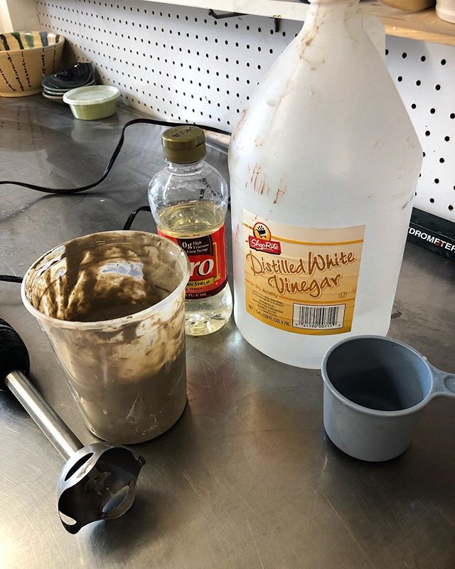 Mixing up some Spooze to repair a crack in greenware. One part clay body, one part Corn syrup, one part vinegar, and 2 yards cheap toilet paper. Yum!