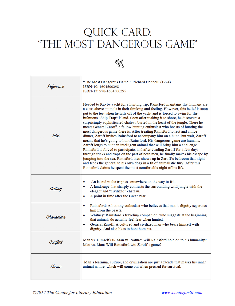 Quick Card: "The Most Dangerous Game" by Richard Connell — The Pelican  Society