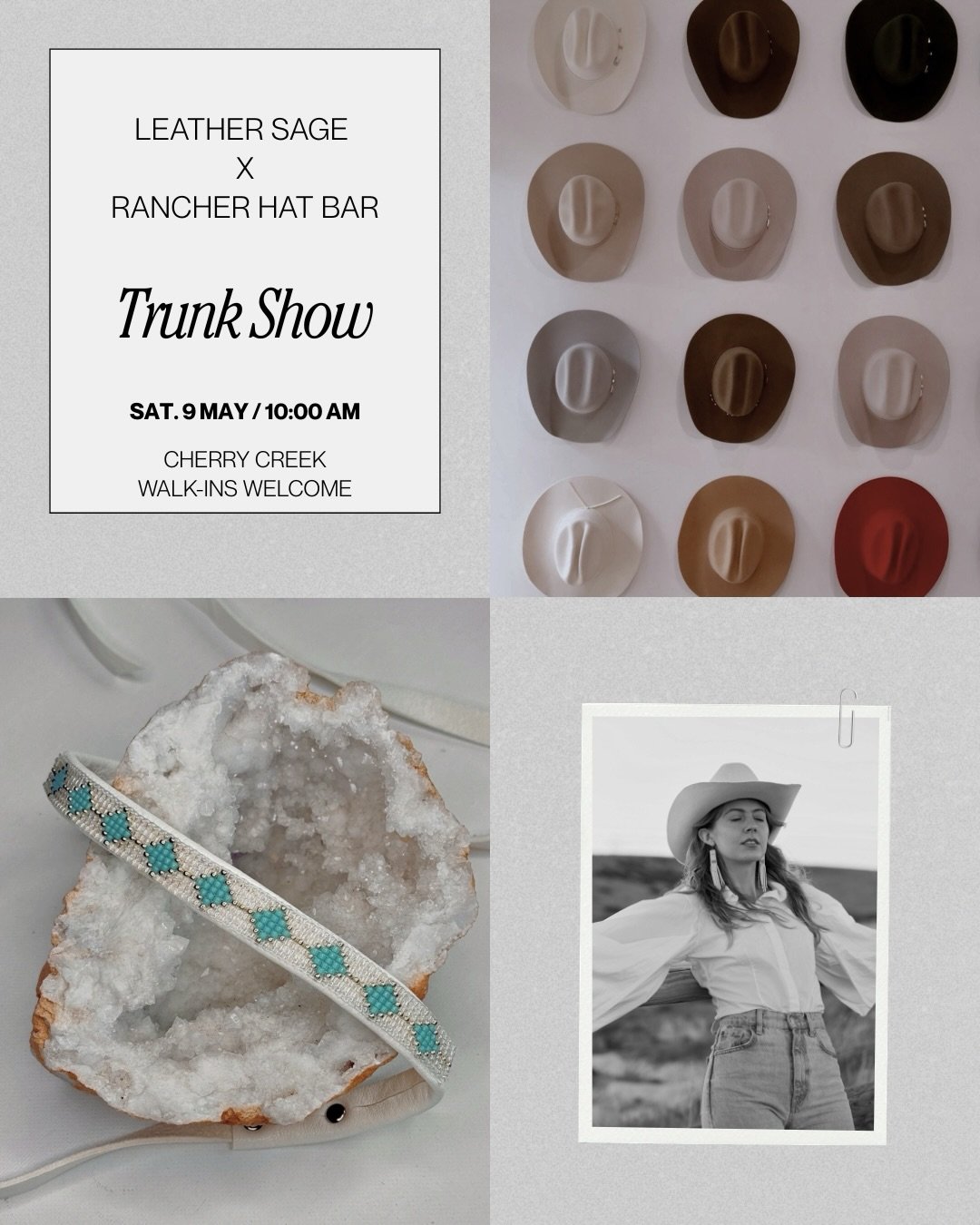Leather Sage x Rancher Hat Bar
Trunk Show ✨ Saturday, May 9th 
Cherry Creek, Denver CO

I&rsquo;m dropping in on @rancherhatbar for the day! Shop opens at 10am. Come say hello and design a new custom hat with some Leather Sage flair! 

I make everyth