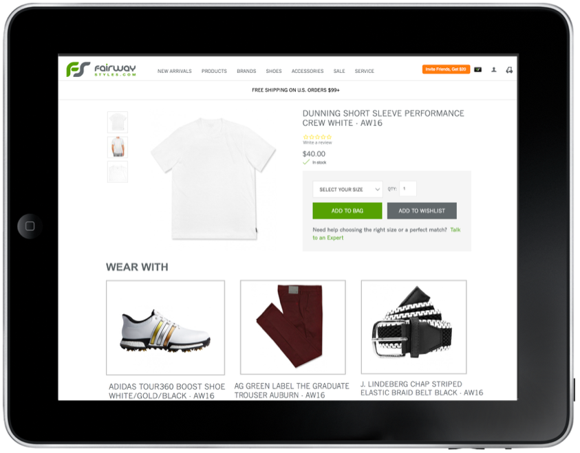 Making outfit suggestions can help upsell and encourage customers to shop new brands within the Fairway Styles site that they haven't bought before.