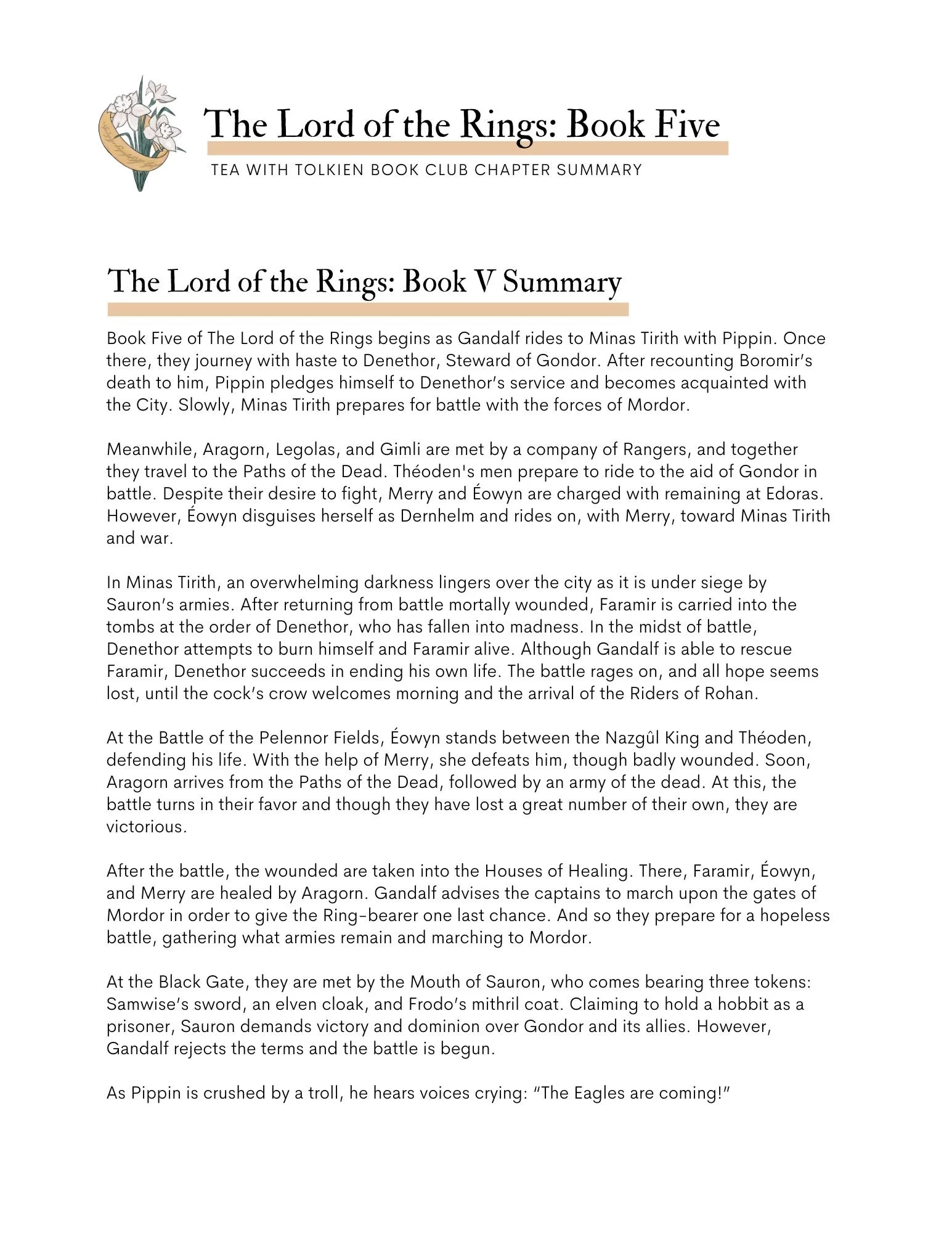 The Lord of the Rings Book Club: Book Five (Printable Notes) — Tea with ...