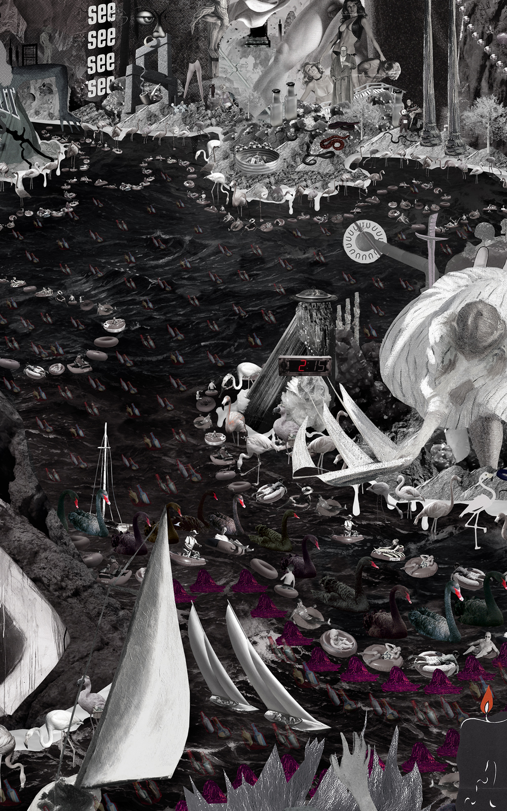 Case Simmons, Simmons & Burke, If Not Summer #2, Kohn Gallery, Hieronymus Bosch, Lightjet Print, Digital Collage, Digital Art, Photoshop Collage, Contemporary Collage, Case Simmons Art, Case Simmons Artist, Collage Fine Art, Hyper Collage, Future Collage, Black and White Collage, Digital Landscape