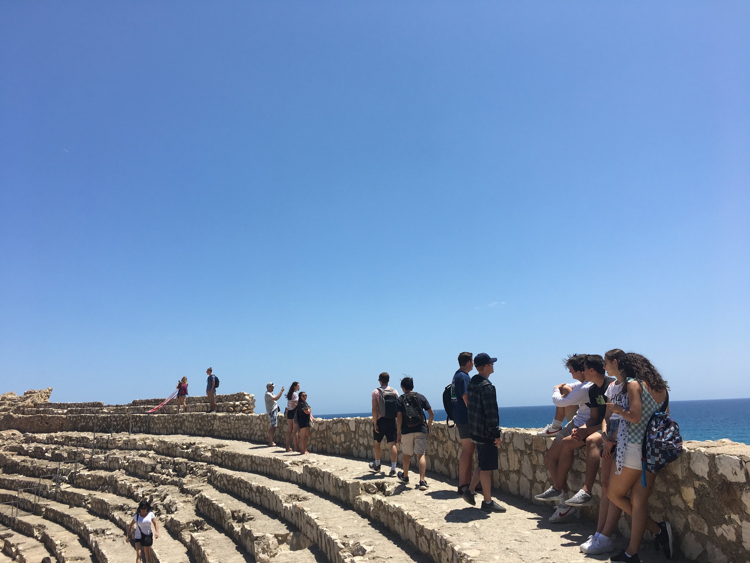 Fellows explore the ancient Roman amphitheatre in Tarragona which overlooks the Mediterranean, July 2019.  (Copy)