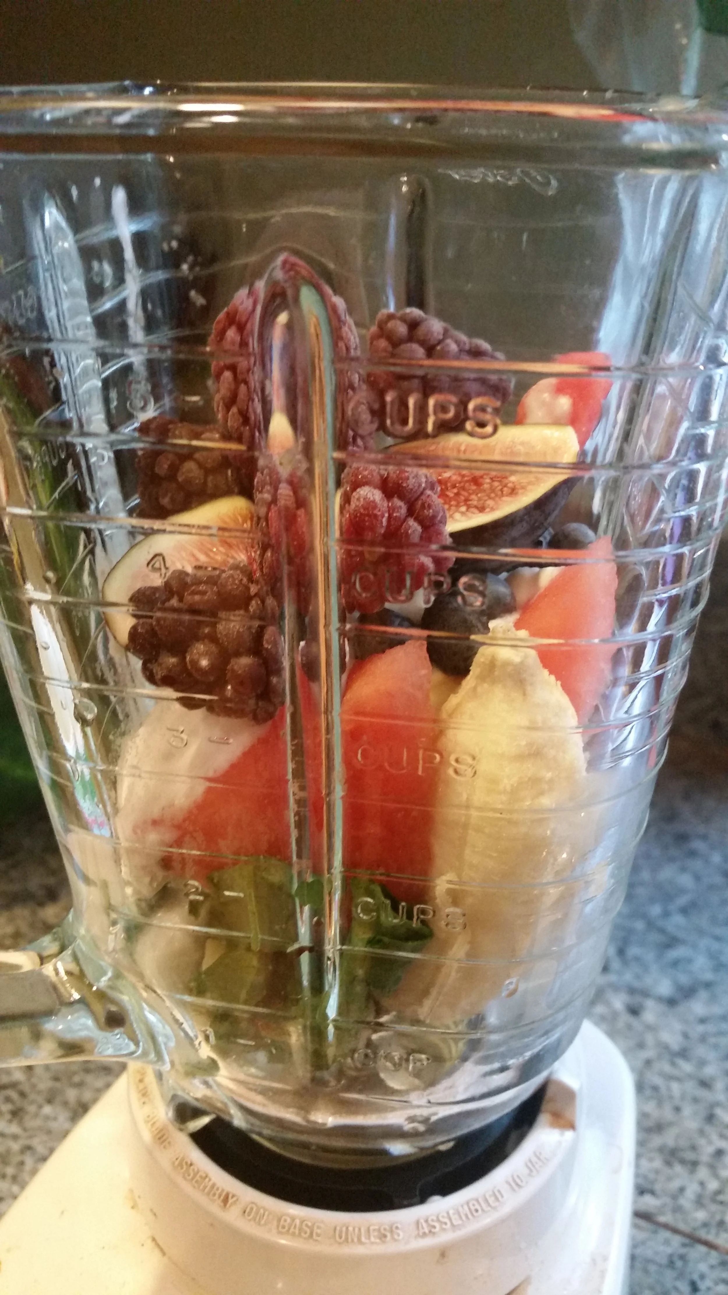 Banana, spinach, avocado, fig, berry, watermelon, yogurt, flax seed, milk