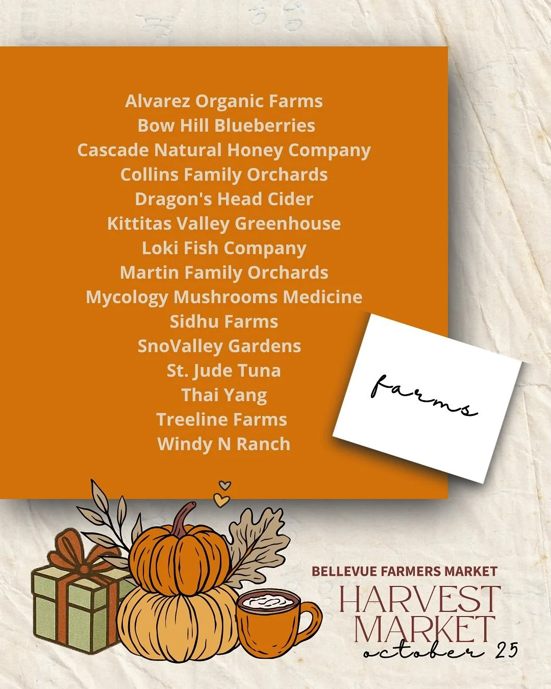 Join us *tomorrow* for our Harvest Market &mdash; a joyful day to honor the hard work of our local farmers, the bounty of fall, cozy food and the hygge of gathering with your community in the crisp autumn air.

Come with a new friend, the whole famil