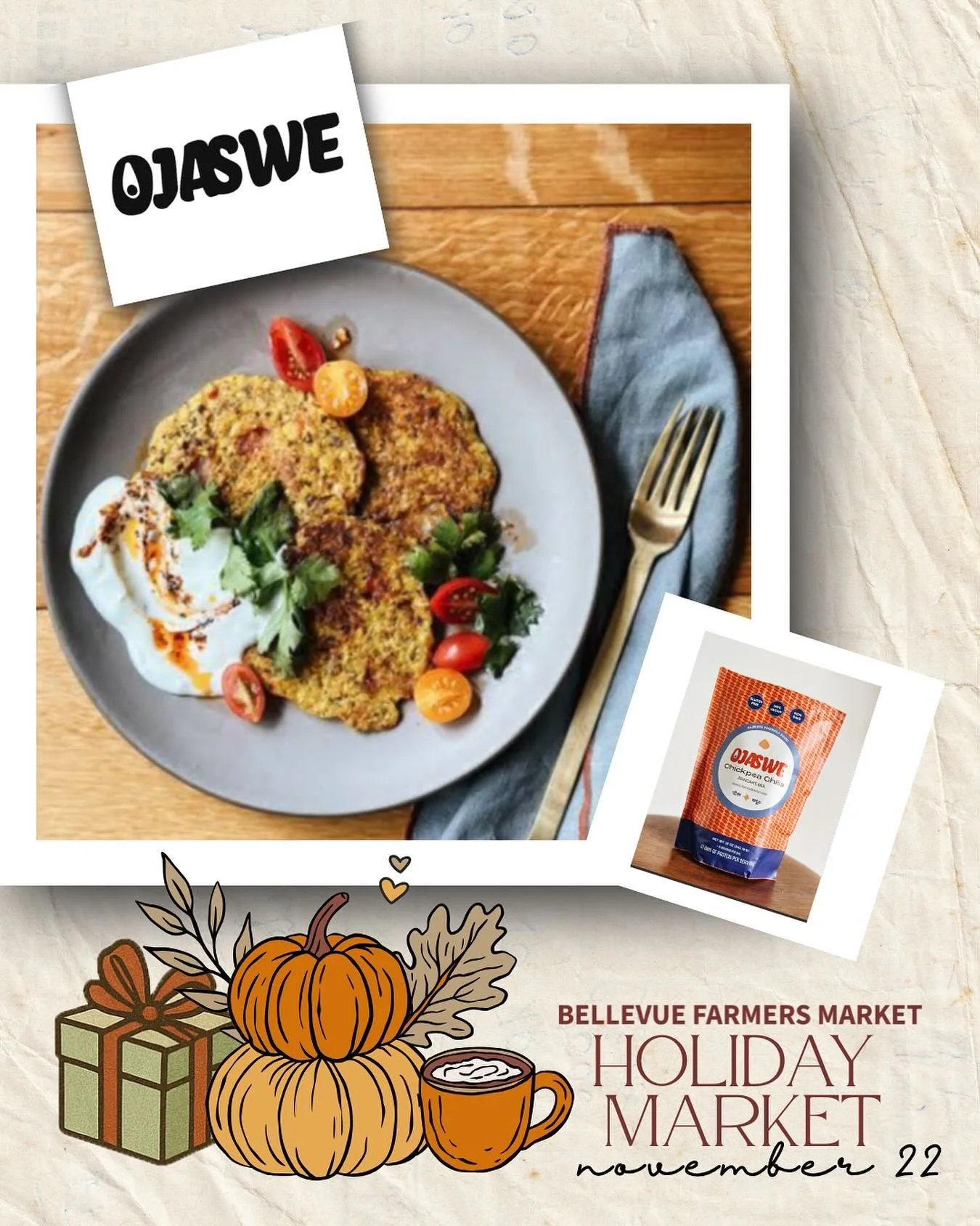 Our Holiday Market is now just *FOUR* days away! This Saturday November 22nd also introduces the 100% vegan, non-GMO and gluten-free savory pancake mixes of Ojaswe.  Meaning vitality and regeneration in Sanskrit, Ojaswe is a regenerative food busines