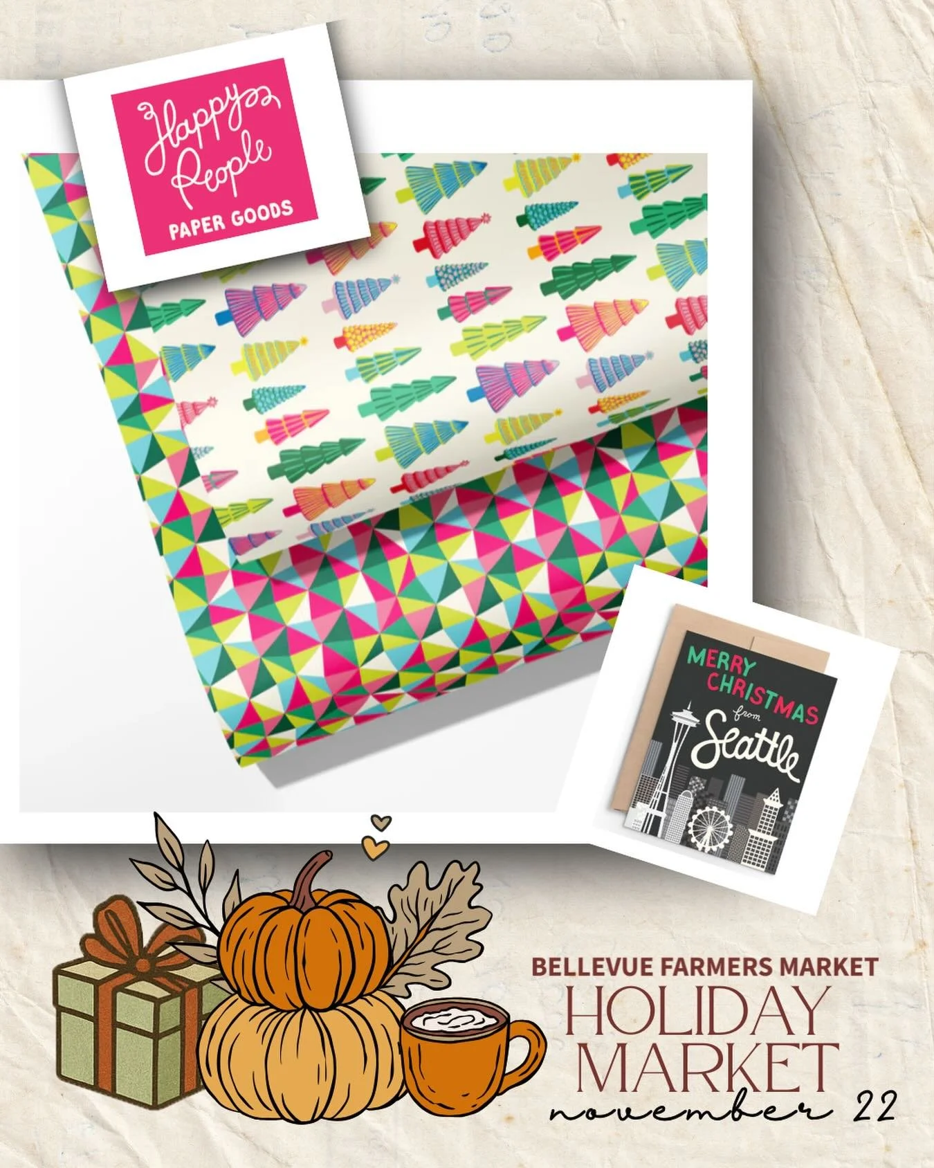 Welcome back Happy People Paper Goods for the first time this year!  The cheerful prints and patterns on wrapping paper and cards are the heartfelt endeavor of Seattle-based artist and owner, Rebecca Bobko, an artist, designer, crafter, maker, and ba