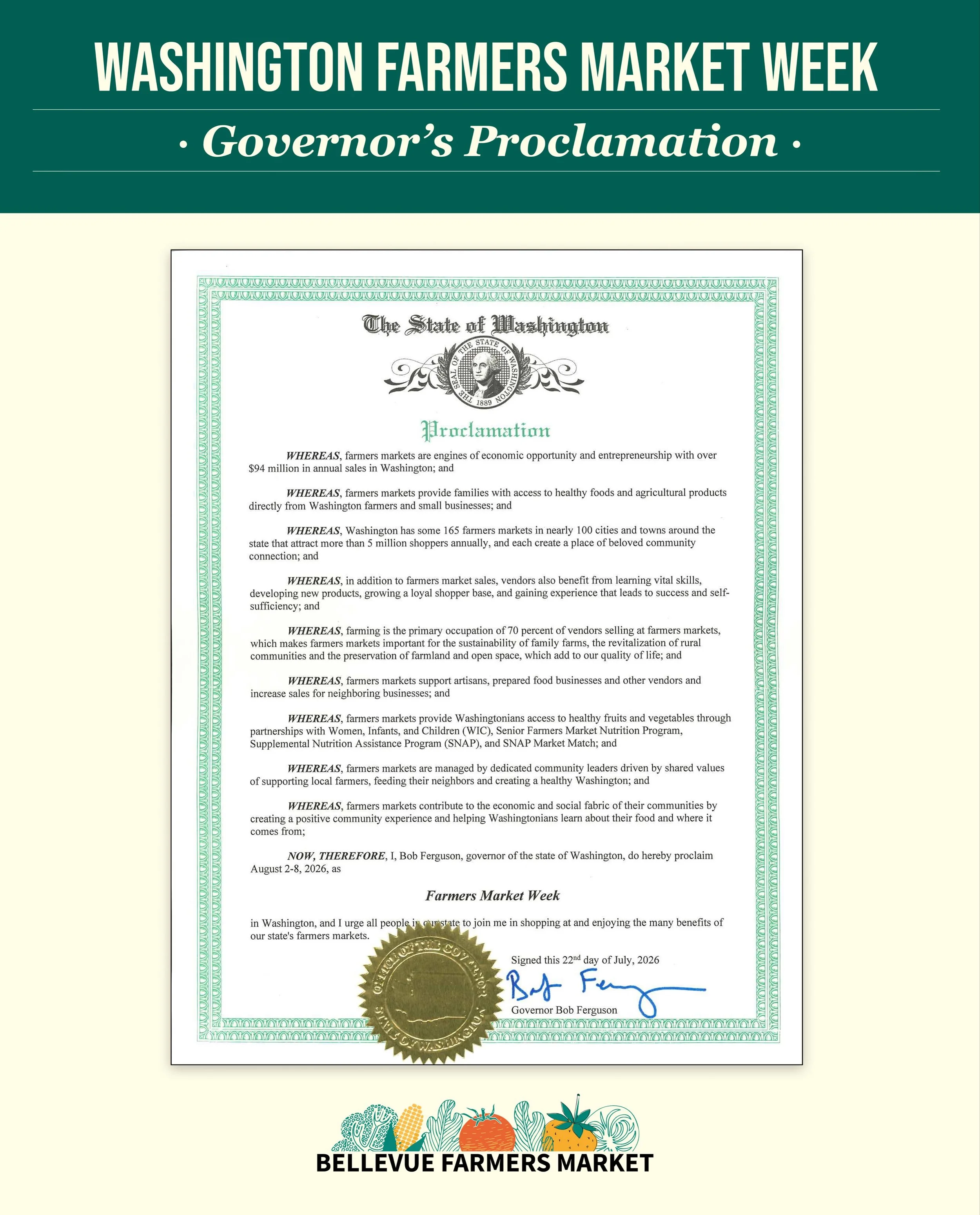 It&rsquo;s Washington State Farmers Market Week!

We&rsquo;re celebrating the farmers, food makers, artisans and community that make the Bellevue Farmers Market such a special place.

Every bouquet, loaf of bread, bunch of carrots, jar of honey and r