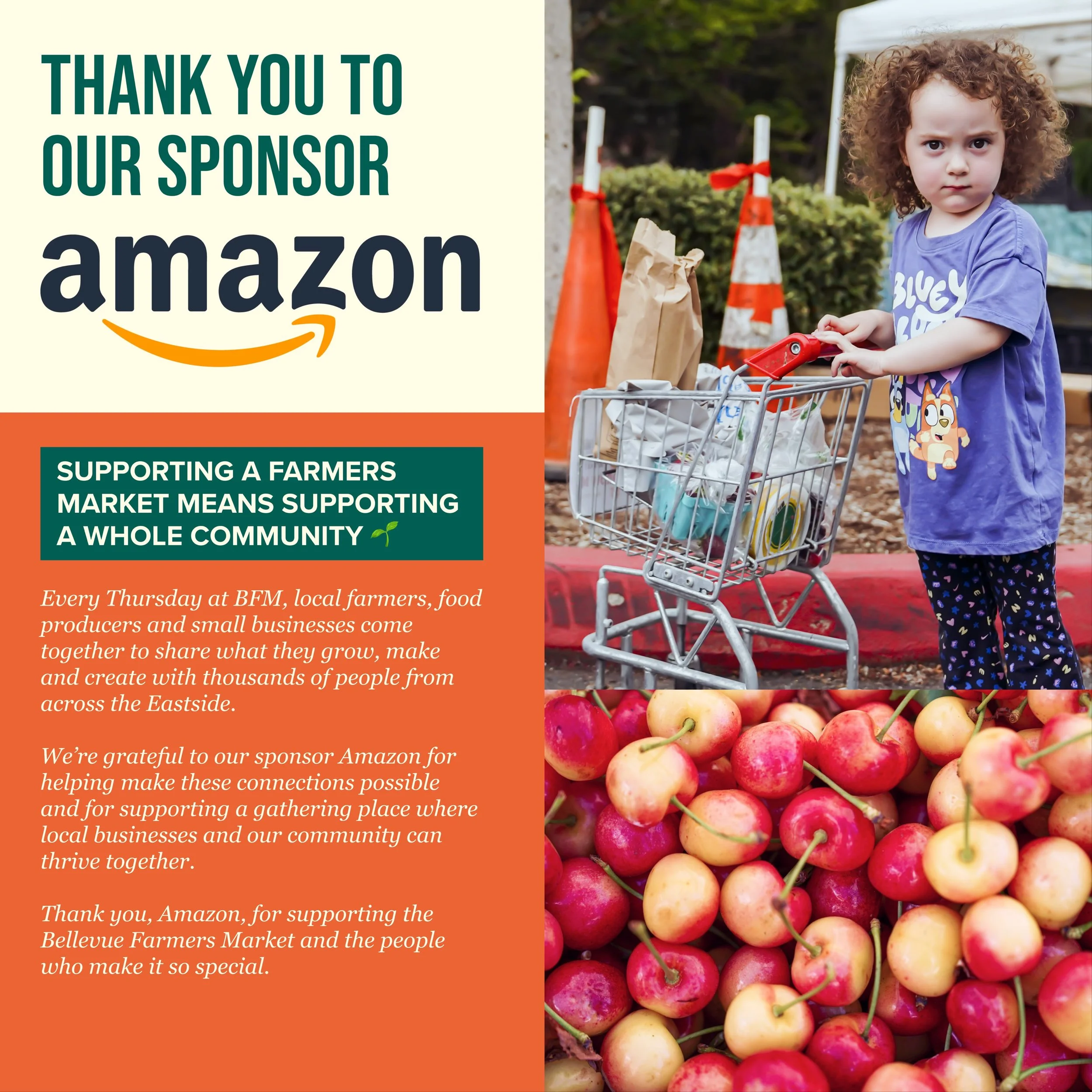 We&rsquo;re grateful to Amazon for returning as a sponsor of the Bellevue Farmers Market each year and helping us bring farmers, food makers, small businesses and neighbors together each Thursday.

As Keri Pravitz, Amazon&rsquo;s Head of Community Af