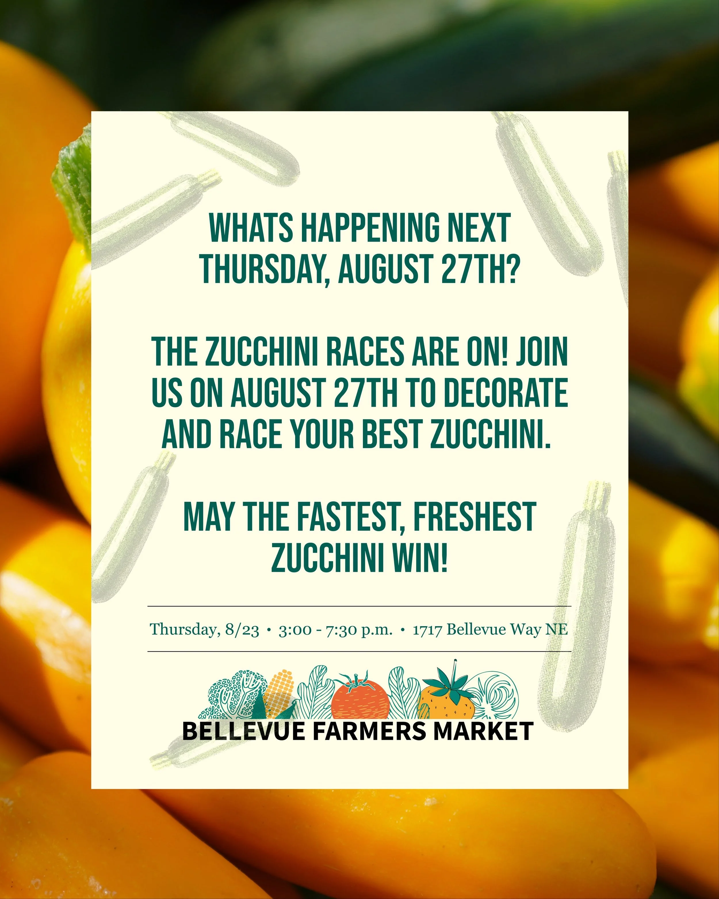 🥒🏁 ZUCCHINI RACES ARE BACK! 🏁🥒

Calling all young racers! Join us at BFM on August 27 from 3&ndash;7:30 PM for a seriously silly, totally fun zucchini race.

Decorate your zucchini, send it rolling, and cheer on the competition! Bring the kids, b