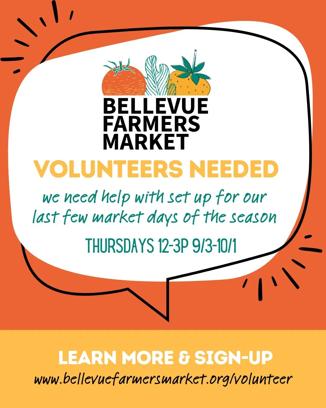 We need your help! School is back in session and a lot of our wonderful volunteers are no longer available. We are specifically looking for those that can help with set up for the remainder of our Thursday markets. 12-3p through the first week in Oct