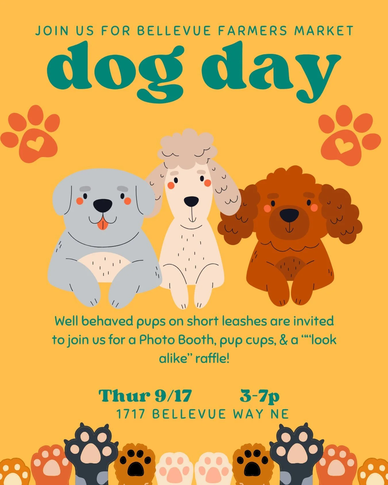 🐾 Mark your calendars! Bellevue Farmers Market Dog Day is coming! 🐶✨

Join us for a pup-tastic day featuring:
📸 A Photo Booth for you and your furry best friend
🍦 Free pup cups compliments of All the Best Pet Care
Bring your good boys and girls &